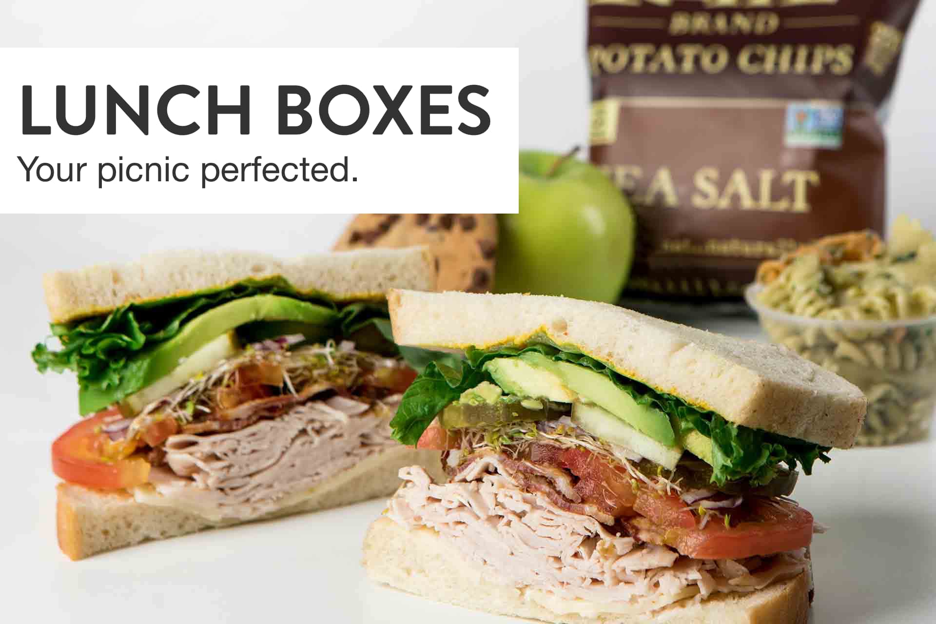 A sandwich sliced in half with an apple, cookie, a bag of potato chips and a pasta salad in the background, with the text “Lunch Boxes Your picnic perfected.” overlayed.